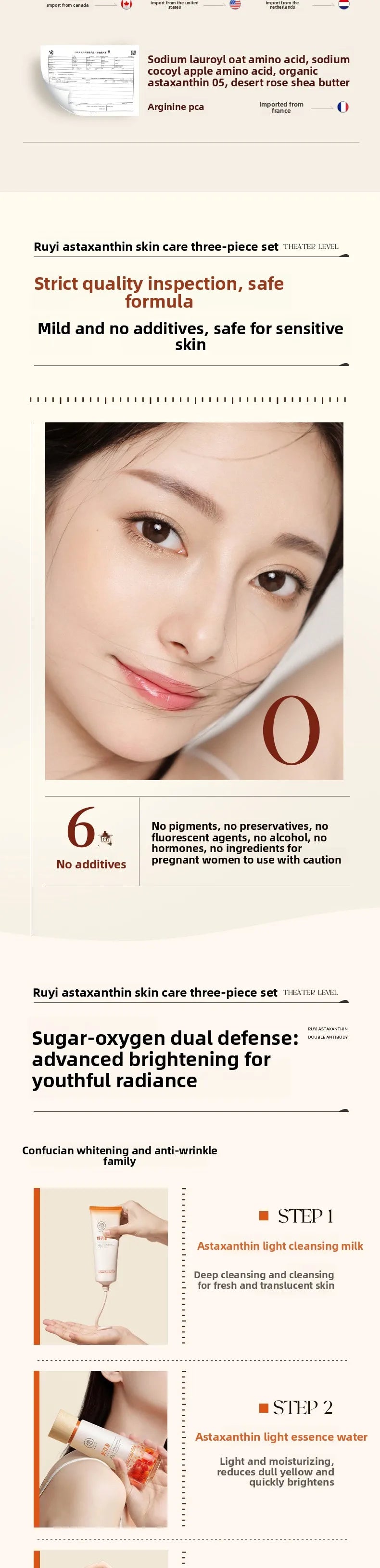 RUYI Astaxanthin Face Care Lotion Set Brighten Skin Tone Facial Clean Whiten Moisturizing Hydrating Yellowish Complexion Removal