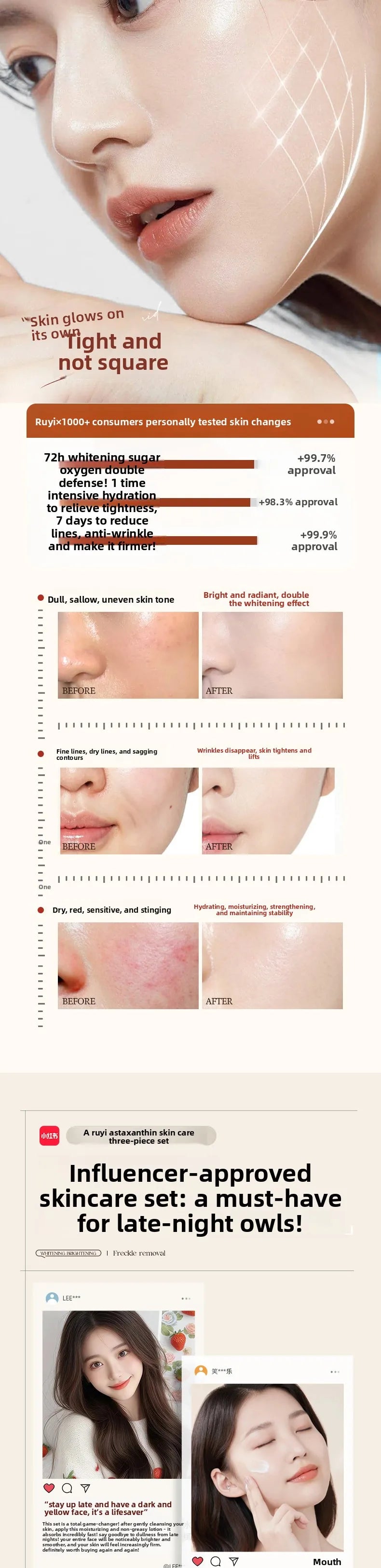 RUYI Astaxanthin Face Care Lotion Set Brighten Skin Tone Facial Clean Whiten Moisturizing Hydrating Yellowish Complexion Removal