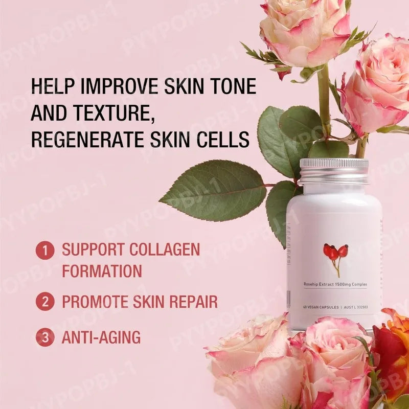 Rosehip Whitening Capsules Extract 1500mg with Marine Collagen Supports Skin Health Elasticity Daily Health Supplements