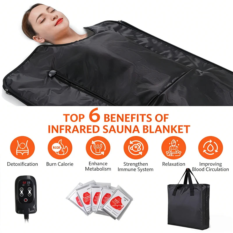 Infrared Sauna Blanket Portable Carbon Fiber Heating With Arm Hole Highest 176℉ Home Use Detox Weight Loss Relaxation Carry Bag