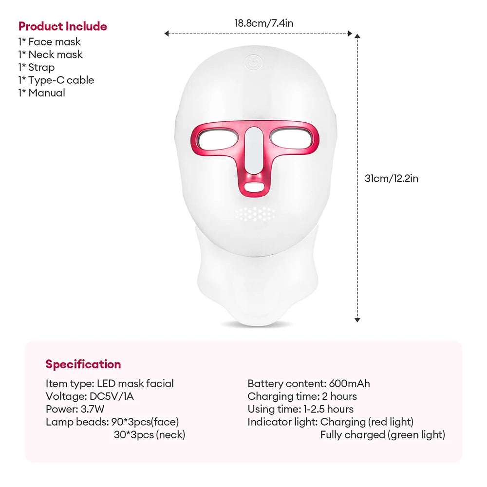 7 Colors LED Face Neck Mask Rechargeable LED Photon Beauty Mask Machine Facial Lifting Skin Care Tool